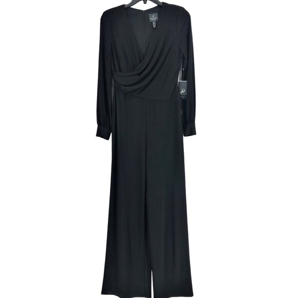 Adrianna Papell Black Matte Jersey Jumpsuit Womens 2 Surplice Bodice New - Picture 1 of 6